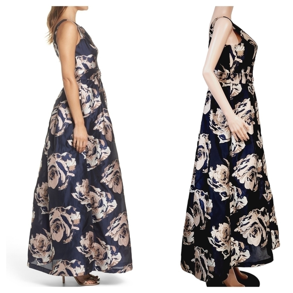 Eliza J Embellished Floral Ballgown Dress Navy Multi Size 10 - Picture 13 of 16